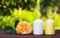 Candles and a fragrant yellow rose on the table. Romantic concept. Spa concept. Aromatized candles on a green blurred background.