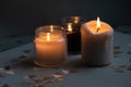 Candles. Home interior decoration. Romantic candles. White and black wax. In glass jars. Romantic atmosphere at home Royalty Free Stock Photo