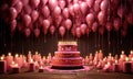 Candles illuminate a birthday backdrop, highlighting pink letters joyfully