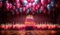 Candles illuminate a birthday backdrop, highlighting pink letters joyfully