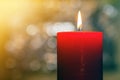 Candles light. Christmas candle burning at night. Abstract candle background. Golden light of candle flame. Closeup of a red Royalty Free Stock Photo