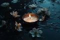 Candles and lilies on wet surface, capturing a moment of quiet contemplation.