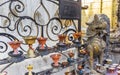 Candles and lion statue at the Swayambhunath temple in Kathmandu