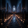 candles are lit in a church with rows of pews