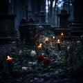 candles are lit in a graveyard at night Royalty Free Stock Photo