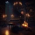 Gothic Castle Library Room with Historic Piano, Harpsicord, AI Generative Royalty Free Stock Photo