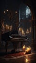 Gothic Castle Library Room with Historic Piano, Harpsicord, AI Generative Royalty Free Stock Photo