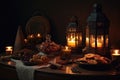 Candles, nuts and dried fruits on wooden table in dark room, Delicious Ramadan iftar and Suhoor traditional meal, AI Generated