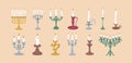 Candles in old vintage candlesticks set. Retro-styled candelabras designs. Ancient candlelights with fire flame in