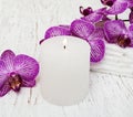 Candles, orcids and towels Royalty Free Stock Photo
