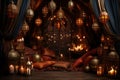 Candles in ornate lanterns transforming a Moroccan tent, engagement, wedding and anniversary image