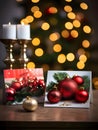 Candles, red baubles in the background blurred bokeh effect of Christmas tree lights.New Year\'s Eve bright background, banne Royalty Free Stock Photo