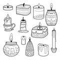 Candles set. Outlined black and white template collection.