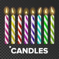 Candles Set Vector. Cake. Fire Light. Lit Wick. Glow Cake. Transparent Background. Isolated Realistic Illustration Royalty Free Stock Photo