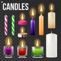 Candles Set Vector. Different Types Of Paraffin, Wax Burning Candles. Classic, Glass Jar, For Cake. Party Candle Light