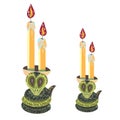 Candles with snakes. Witch`s items. Witchcraft. Halloween. Cobra snake. Flat style isolated on white background. Vector