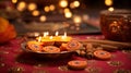 candles surrounded by colored lights and spices, in the style of indian motifs, dark orange and light brown, ornate detailing