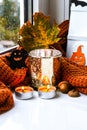 Candles with sweater and ghost pumpkin, dried leaves on windowsill. Halloween home decoration. Rainy window