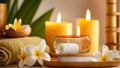 Candles, towel, flower spa salon accessories aromatherapy care therapy relaxation Royalty Free Stock Photo