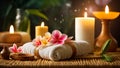 Candles, towel, flower spa salon accessories treatment care therapy relaxation Royalty Free Stock Photo
