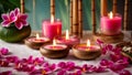 Candles, towel, flower spa salon studio studio care therapy relaxation banner wellness Royalty Free Stock Photo