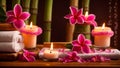 Candles, towel, flower spa salon studio treatment care therapy relaxation banner Royalty Free Stock Photo