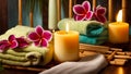Candles, towel, flower spa salon health aromatherapy care therapy relax Royalty Free Stock Photo