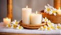 Candles, towel, flower spa salon studio beauty aroma natural relaxation banner wellness Royalty Free Stock Photo