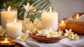 Candles, towel, flower spa salon studio hygiene aroma natural relaxation banner wellness Royalty Free Stock Photo