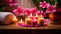 Candles, towel, flower spa salon studio studio aroma therapy relaxation banner wellness Royalty Free Stock Photo