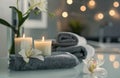 Candles, Towels, and Flowers on Table