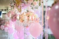 The candlesicks and balloon decorate in backdrop wedding