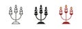 Candlestick with Burning Candles Line and Silhouette Icon Set. Candle Holder with Flame for Christmas, Hanukkah Symbols Royalty Free Stock Photo