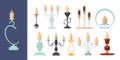 Candlestick. Burning fire on candle holder vintage metal candelabrum ancient decoration vector collection