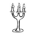 Candlestick or chamberstick candle holder with three arms and candles