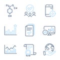 Candlestick chart, Efficacy and Infochart icons set. Handout, Chemical formula and Seo phone signs. Vector