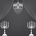 Candlestick, curtains and chandelier