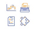 Candlestick graph, Typewriter and Report document icons set. Strategy sign. Vector