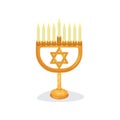 Candlestick with nine burning candles and star of David. Jewish religion. Golden Hanukkah menorah. Religious symbol