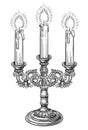 Candlestick with three burning candles. Vintage lantern sketch illustration engraving style