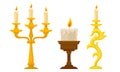 Candlesticks with Burning Candles Vector Set. Vintage Candle Holders and Candelabrums