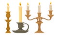 Candlesticks with Burning Candles Vector Set. Vintage Candle Holders and Candelabrums