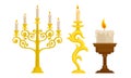 Candlesticks with Burning Candles Vector Set. Vintage Candle Holders and Candelabrums
