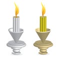 Two objects of candlesticks with burning wax candles. Royalty Free Stock Photo