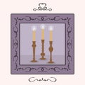 Candlesticks holders set with lit up candles inside a frame