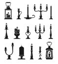 Candlesticks and old lamps silhouette set. Hand lanterns with candle black twisted wax holders elegant victorian retro