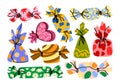 A set of illustrations of various candies with colorful wrappers in a hand drawn cartoon style. Royalty Free Stock Photo