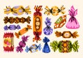 A set of illustrations of various candies with colorful wrappers in a hand drawn cartoon style. Royalty Free Stock Photo