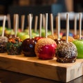 Candy apples with chocolate, caramel and sprinkles on wooden background