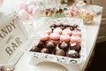 Candy bar. Banquet table full of desserts and an assortment of sweets. pie and cake. wedding or event Royalty Free Stock Photo